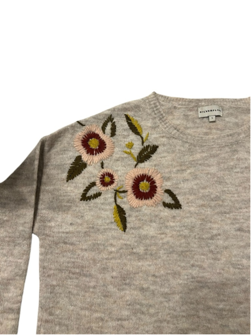 SILVERFLINT Beige Floral Embroidered Crew Neck Sweater S - Picture 2 of 7